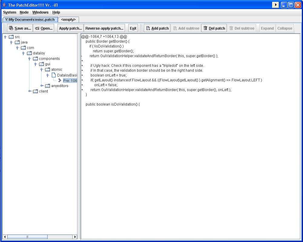 Screenshot of PatchEditor after opening a patch file and adding some patches to the output